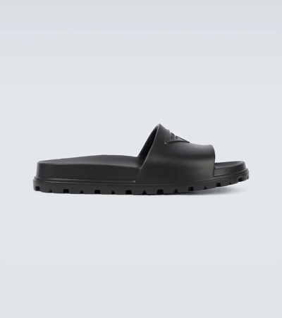 Prada Logo Rubber Slides In Nero