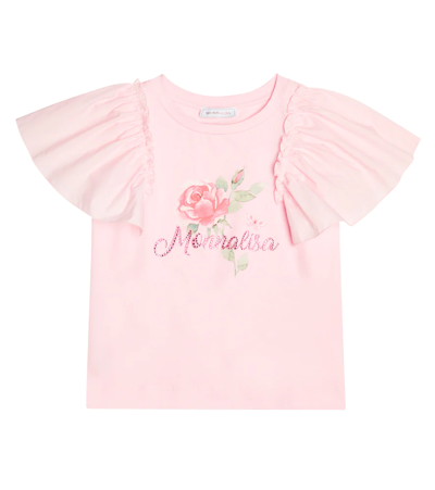 Monnalisa Kids' Ruffled Cotton-blend Jersey T-shirt In Rosa Fairy Tale