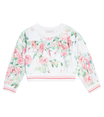 Monnalisa Kids' Floral Ruffled Jersey Sweatshirt In Bianco