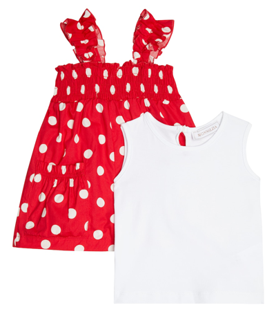 Monnalisa Baby Polka-dot Playsuit And Tank Top Set In Rosso+bianco