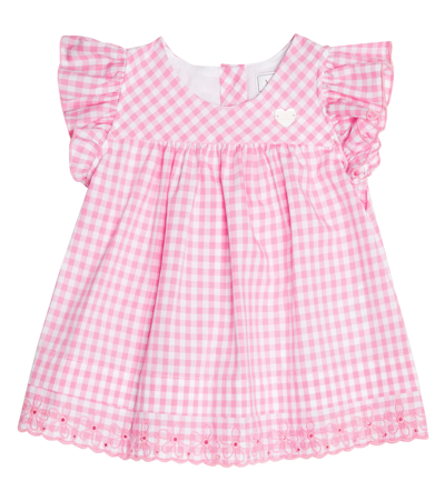 Monnalisa Baby Gingham Cotton Dress In Bianco+fuxia