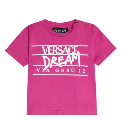 Versace Baby Logo Cotton T-shirt In Cerise+bianco