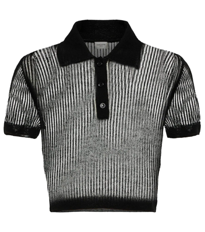 Saint Laurent Cropped Open-knit Cotton And Silk-blend Polo Shirt In Noir