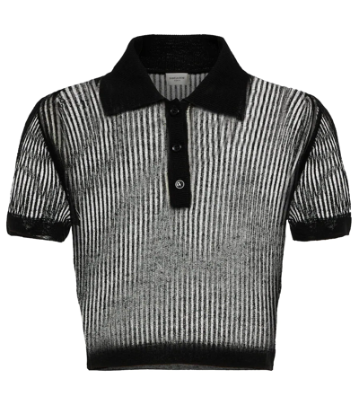 Saint Laurent Cropped Open-knit Cotton And Silk-blend Polo Shirt In Black