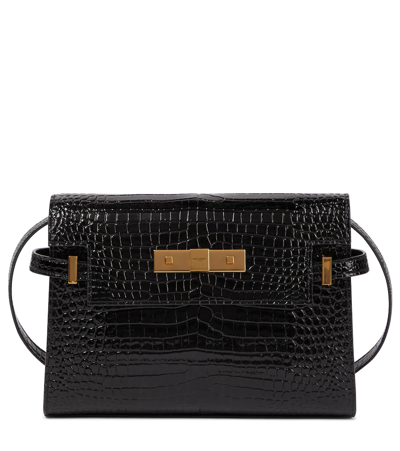 Saint Laurent Manhattan Small Croc-effect Patent-leather Shoulder Bag In 블랙