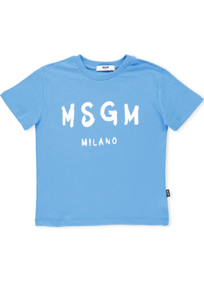 Msgm Kids' Loged T-shirt In Light Blue
