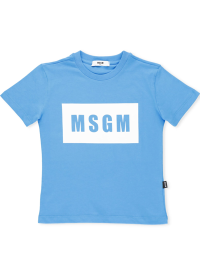 Msgm Kids' T-shirt With Loged Print In Light Blue