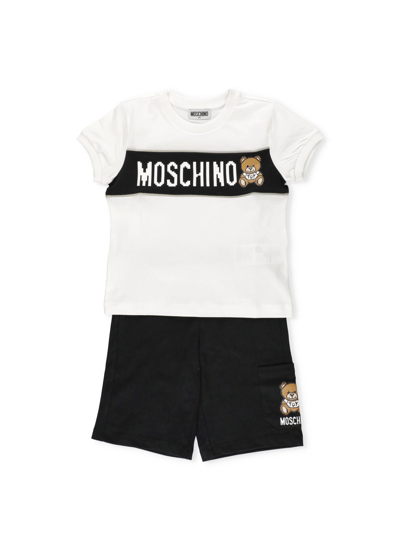 Moschino Kids' Two Pieces T-shirt And Bermuda Short Set In White/black
