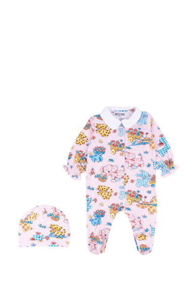 Moschino Babies' Cotton Romper And Hat In Multicolor