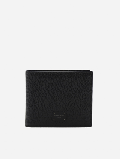 Dolce & Gabbana Dauphine Calfskin Bifold Wallet With Branded Tag In Black