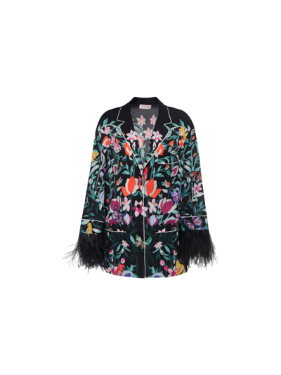 Valentino Feather-trimmed Printed Silk Crepe De Chine Shirt In Multicolour