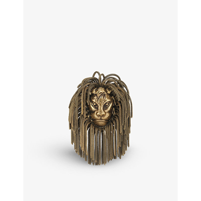 Gucci Lionhead Fringed Gold-toned Brass Brooch In Bronze
