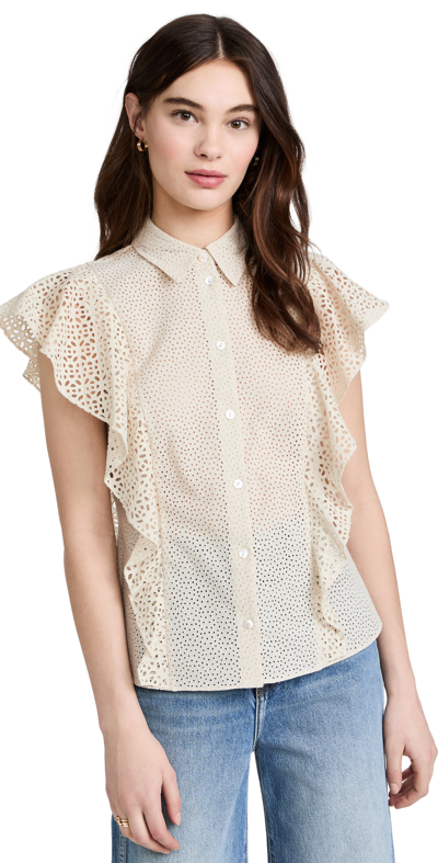 Theory Nova Flutter Sleeve Eyelet Cotton Blouse In Neutral