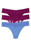 Natori Bliss Perfection Lace-trim Thong, Pack Of 3 750092mp In Bright Berry/tie Dye/pool Blue