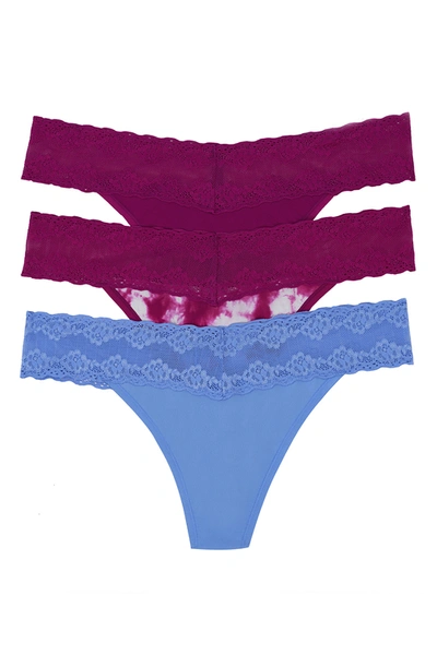 Natori Bliss Perfection Lace-trim Thong, Pack Of 3 750092mp In Bright Berry/tie Dye/pool Blue