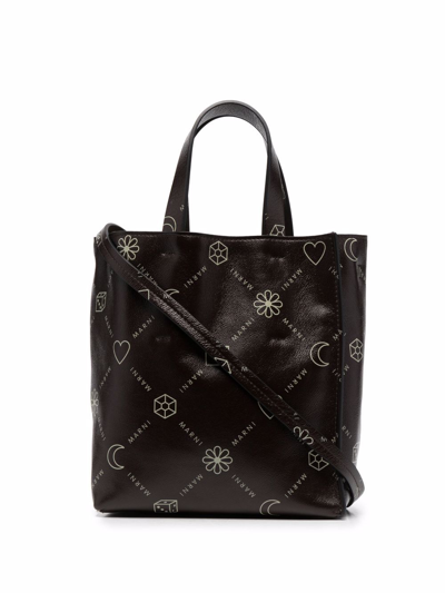 Marni All-over Logo-print Tote Bag In Brown