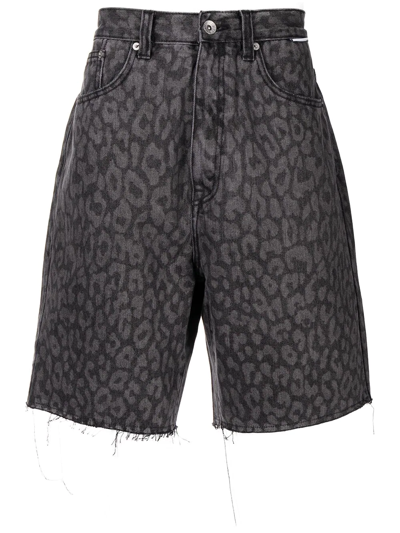 Five Cm Leopard-print Frayed Denim Shorts In Black