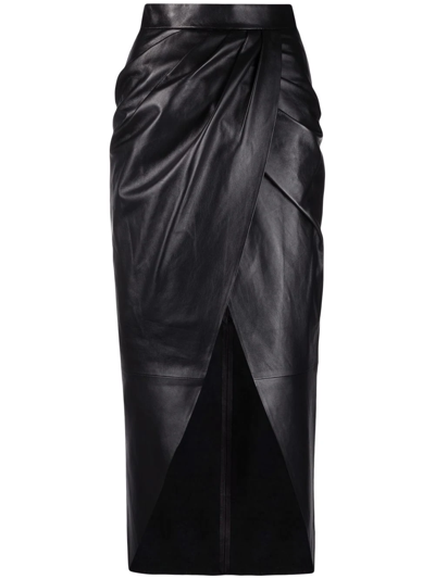 Balmain Draped Leather Wrap Skirt In Black