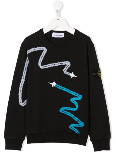 Stone Island Junior Kids' Plane-print Cotton Sweatshirt In Black