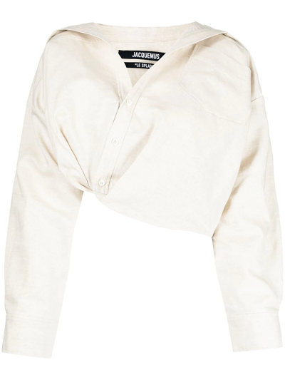 Jacquemus Mejean Cropped Twisted Cotton And Linen-blend Shirt In Neutrals