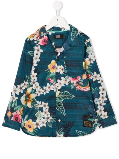 Scotch & Soda Teen Floral-print Organic Cotton Shirt In Blue