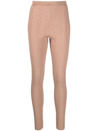 Balmain Debossed Monogram Leggings In Neutrals