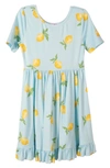 Zunie Kids' Scoop Neck Strawberry Dress In Aqua Yellow