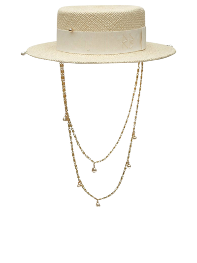 Ruslan Baginskiy Double Chain Strap Straw Boater Hat In White