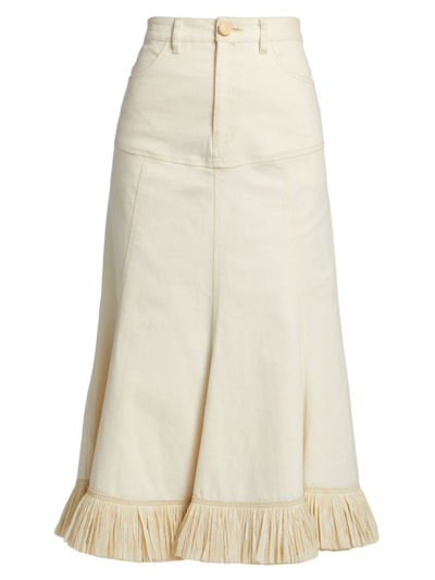Johanna Ortiz Farol Fringe-hem Denim Midi Skirt Bci Cotton In