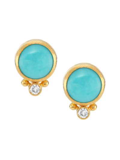 Gurhan Rune 18k & 24k Yellow Gold, Turquoise, & Diamond Stud Earrings