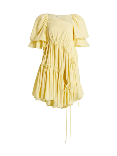 Moon River Asymmetric Ruched Flutter Dress In Light Yellow