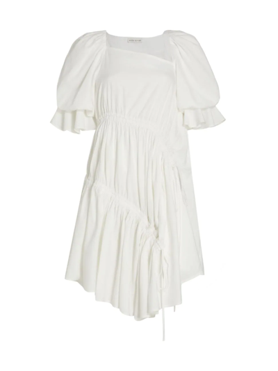 Moon River Asymmetric Ruched Flutter Dress In White