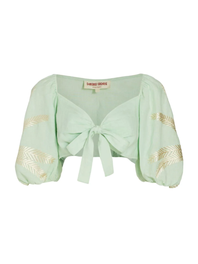 Emporio Sirenuse Thaia Palm-embroidered Puff-sleeve Crop Wrap Top In Biscay Green