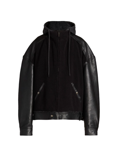 Balenciaga Grainy Leather Faux Shearling Hooded Zip-up Jacket In Black