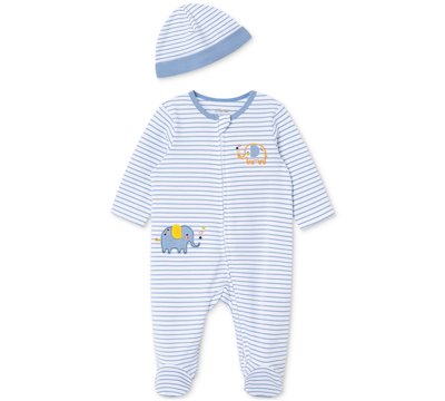 Little Me Boys' Cotton Striped Elephant Footie & Hat Set - Baby In Blue