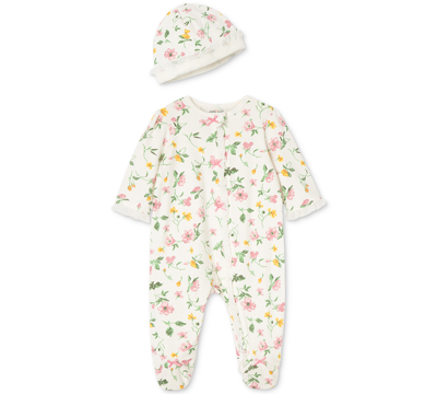 Little Me Baby Girls Floral Footed Coverall And Hat, 2 Piece Set In Pink