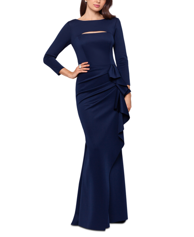 Xscape Scuba Cutout-detail Ruffled Fit & Flare Gown In Midnight | ModeSens