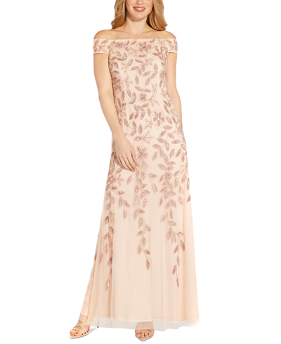 Adrianna Papell Off-the-shoulder Floral Sequin Gown In Dusted Petal