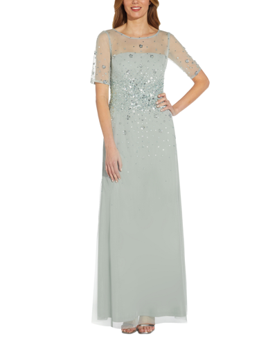Adrianna Papell Beaded Illusion Gown In Frosted Sage | ModeSens