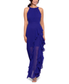 Betsy & Adam Halter-neck Ruffled Gown In Electric Blue