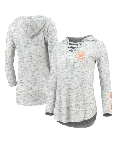PRESSBOX WOMEN'S PRESSBOX GRAY CLEMSON TIGERS SPACE DYE LACE-UP V-NECK LONG SLEEVE T-SHIRT