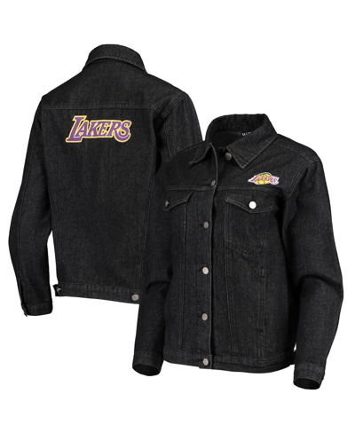 THE WILD COLLECTIVE WOMEN'S THE WILD COLLECTIVE BLACK LOS ANGELES LAKERS PATCH DENIM BUTTON-UP JACKET