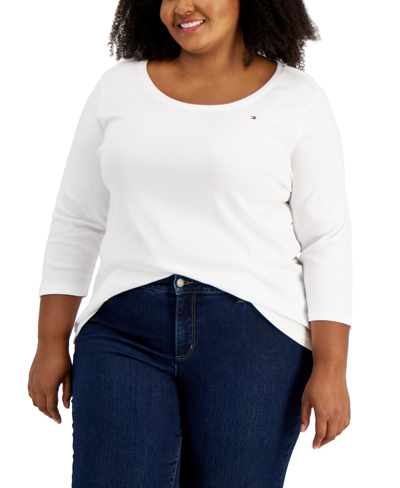 Tommy Hilfiger Plus Size Cotton 3/4-sleeve T-shirt In Bright White