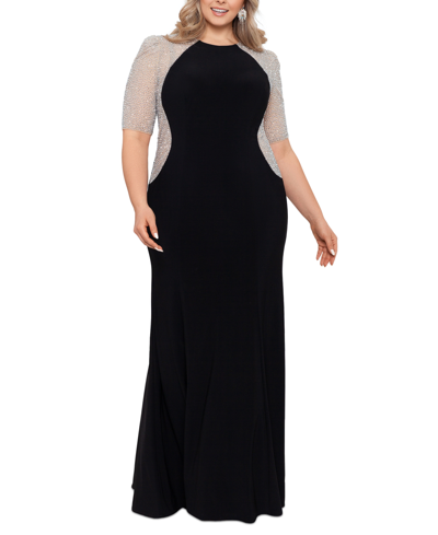 Xscape Plus Size Mixed-media Rhinestone-embellished Gown In Black,nude