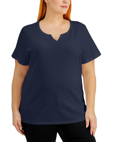 Karen Scott Plus Size Cotton Henley Top, Created For Macy's In Intrepid Blue