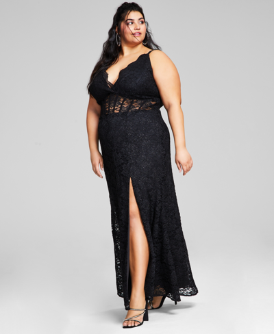 Morgan & Company Trendy  Plus Size Lace Corset Gown In Black