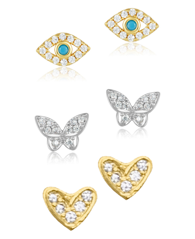 Adornia Heart, Evil Eye, And Butterfly Stud Earring Set In Yellow