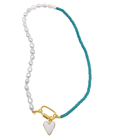 Adornia Turquoise And Freshwater Pearl Lock And Heart Pendant Necklace In Gold