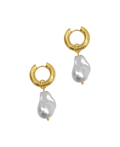 Adornia 14k Yellow Gold Plated Shell Pearl Drop Huggie Earrings In Silver