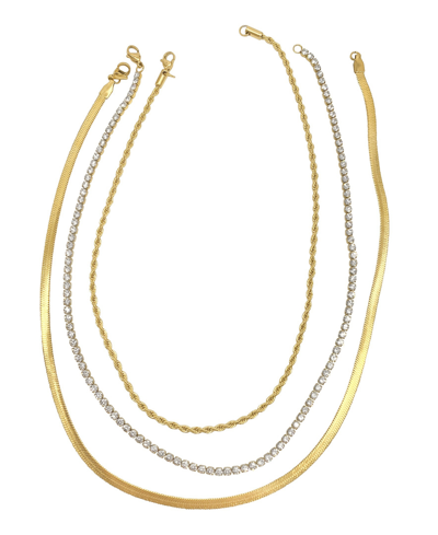 Adornia Herringbone Chain, Rope Chain, And Tennis Necklace Set In Yellow
